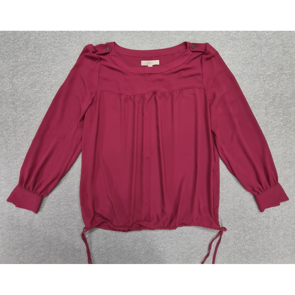 Loft Womens Top Large Red Round Neck Tunic 3/4 Sleeve Pleated Knit Blouse